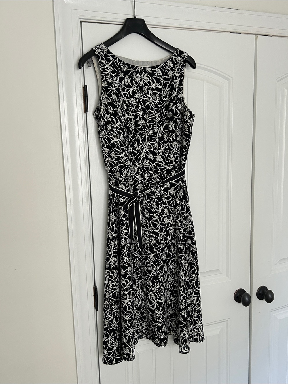 Classic Black & White Floral Fit-and-Flare Dress